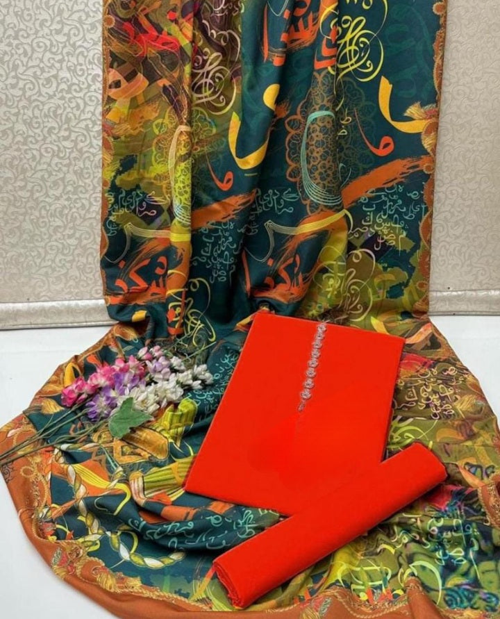 RANGEEN -Silk dupatta with plain suit