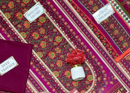 Women's Unstitched 3-Pcs Printed Linen Suit