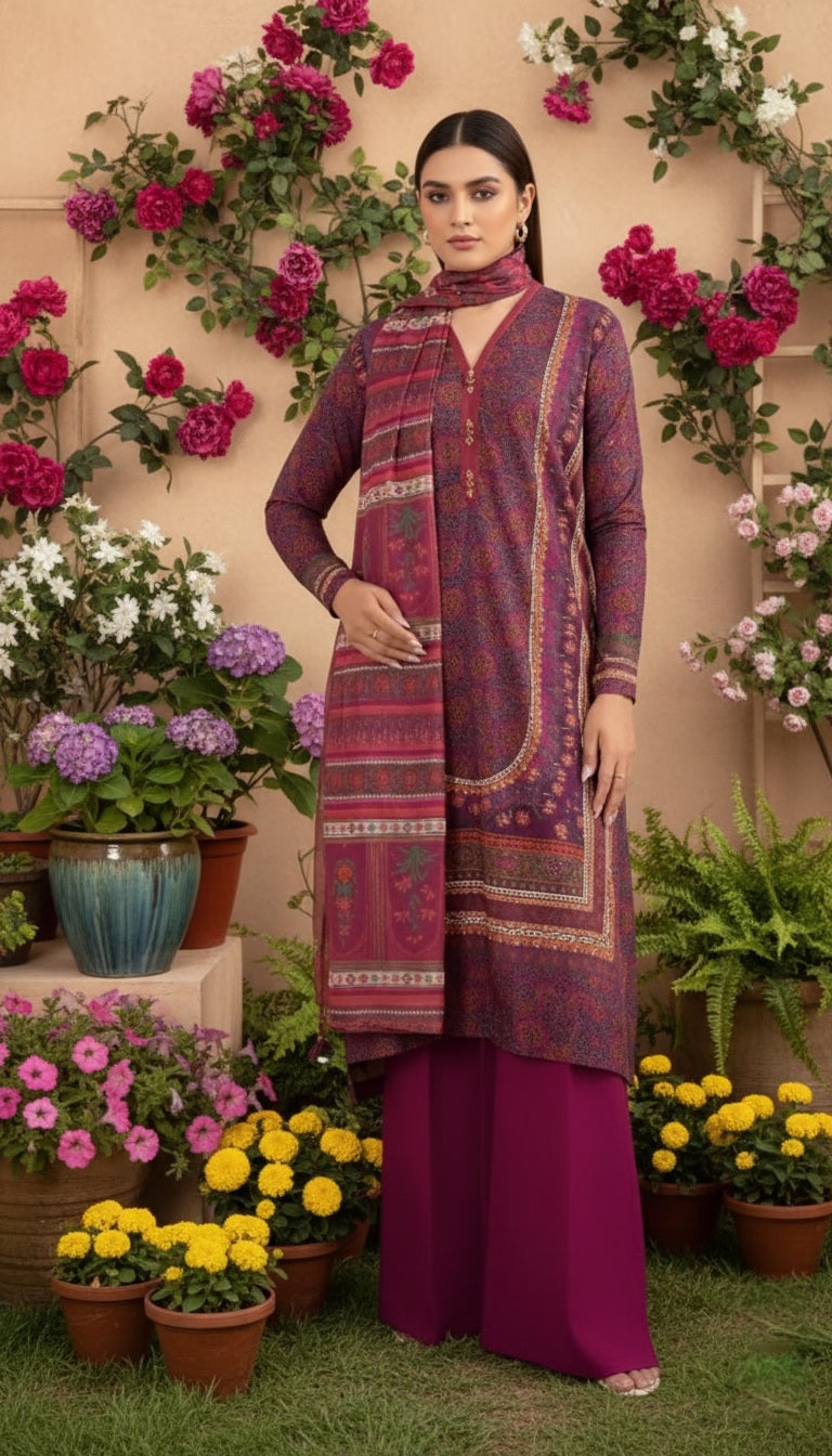 Women's Unstitched 3-Pcs Printed Linen Suit