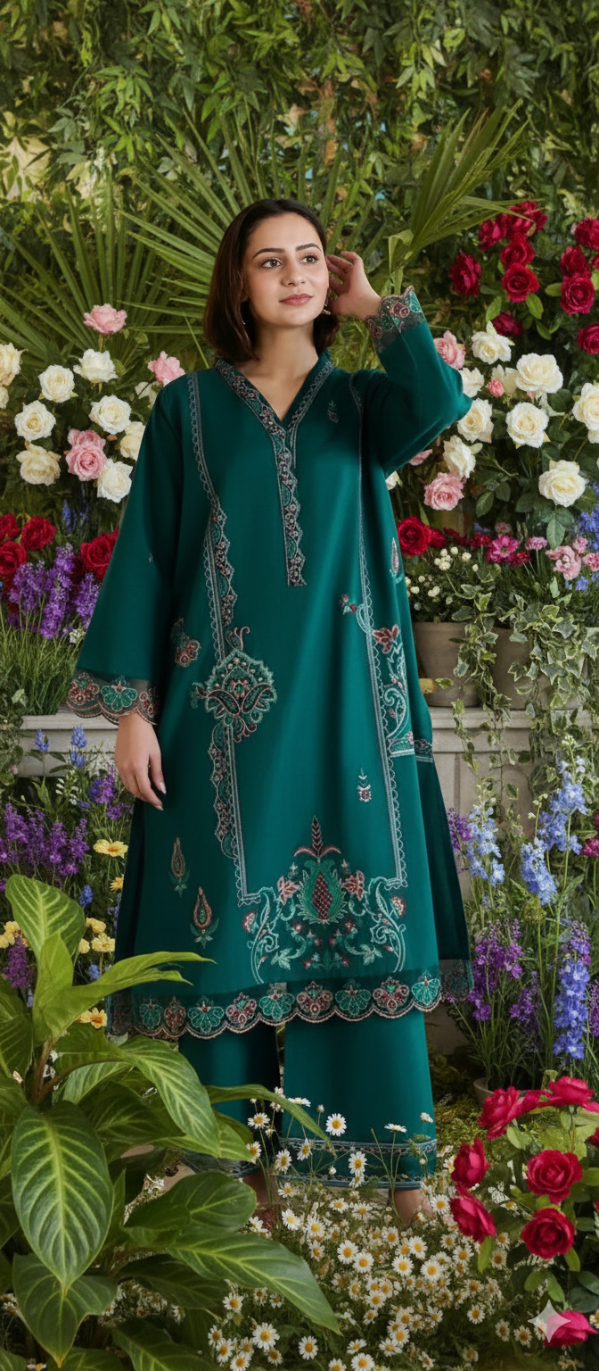 Women's Unstitched 2-Pcs Embroidered Dhanak Suit