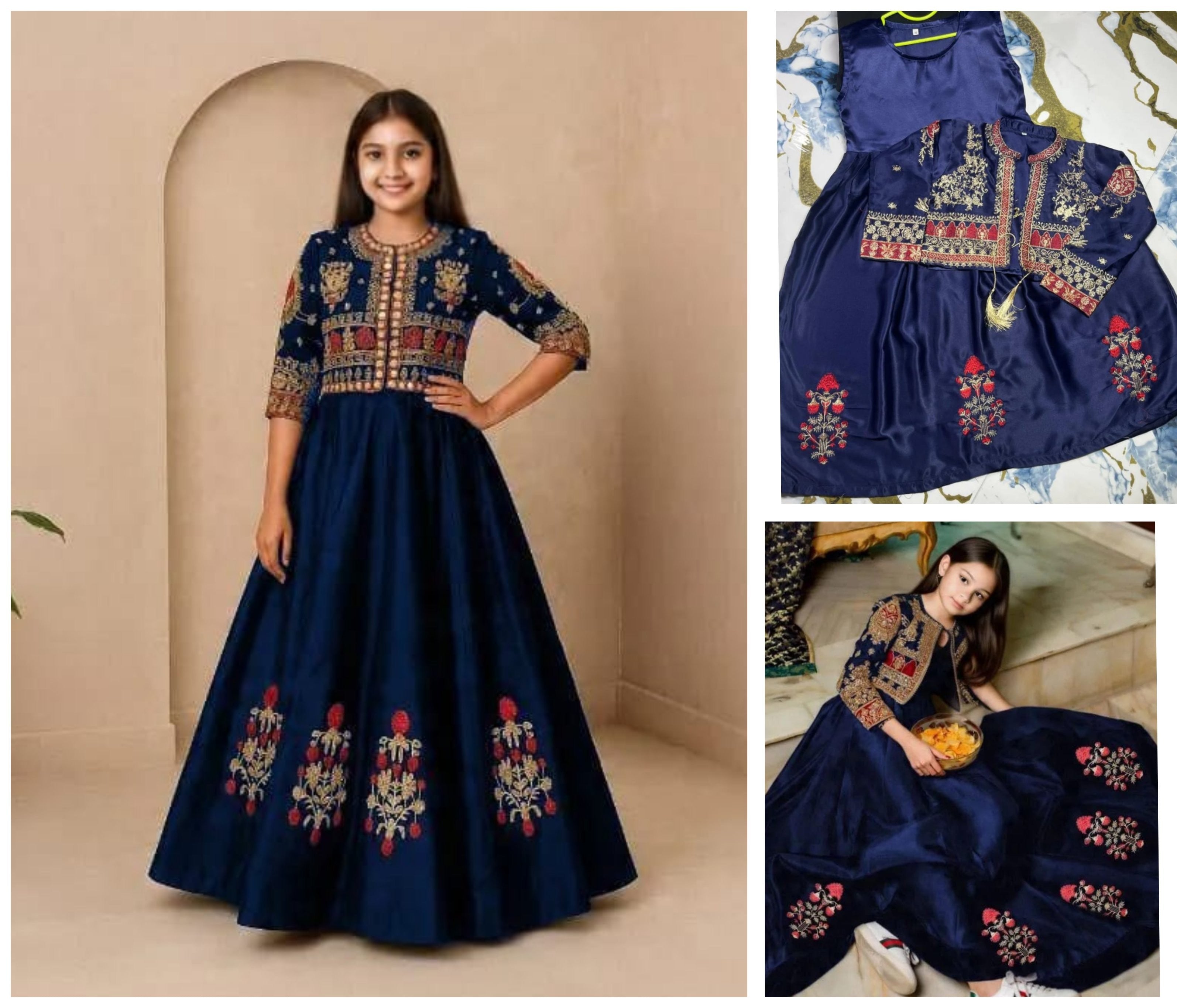 Girls’ Embroidered Silk Maxi & Jacket Set