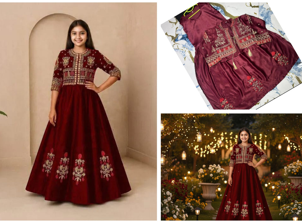 Girls’ Embroidered Silk Maxi & Jacket Set