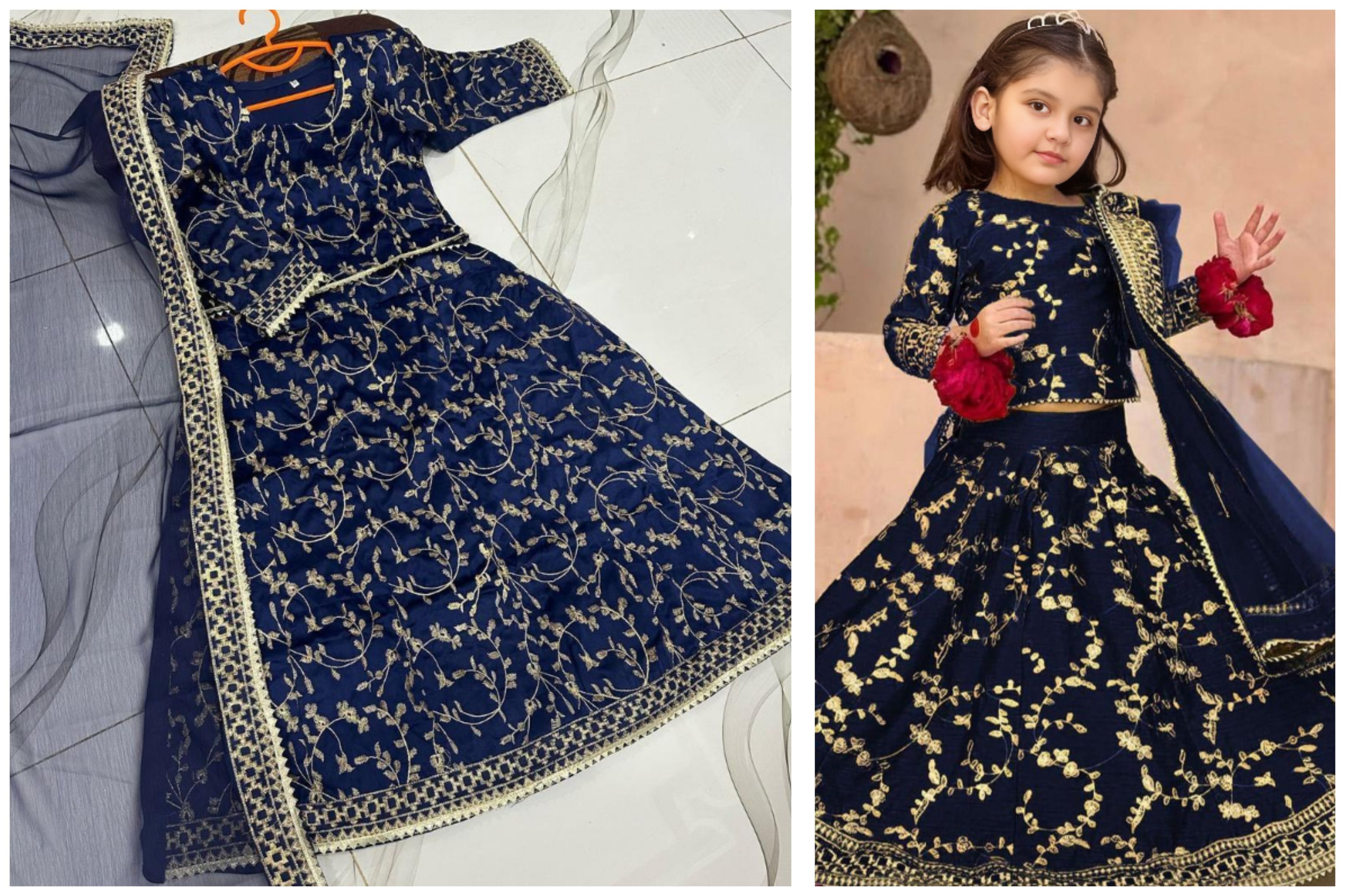 Girl’s 3-Piece Raw Silk Embroidered Shirt & Skirt Set
