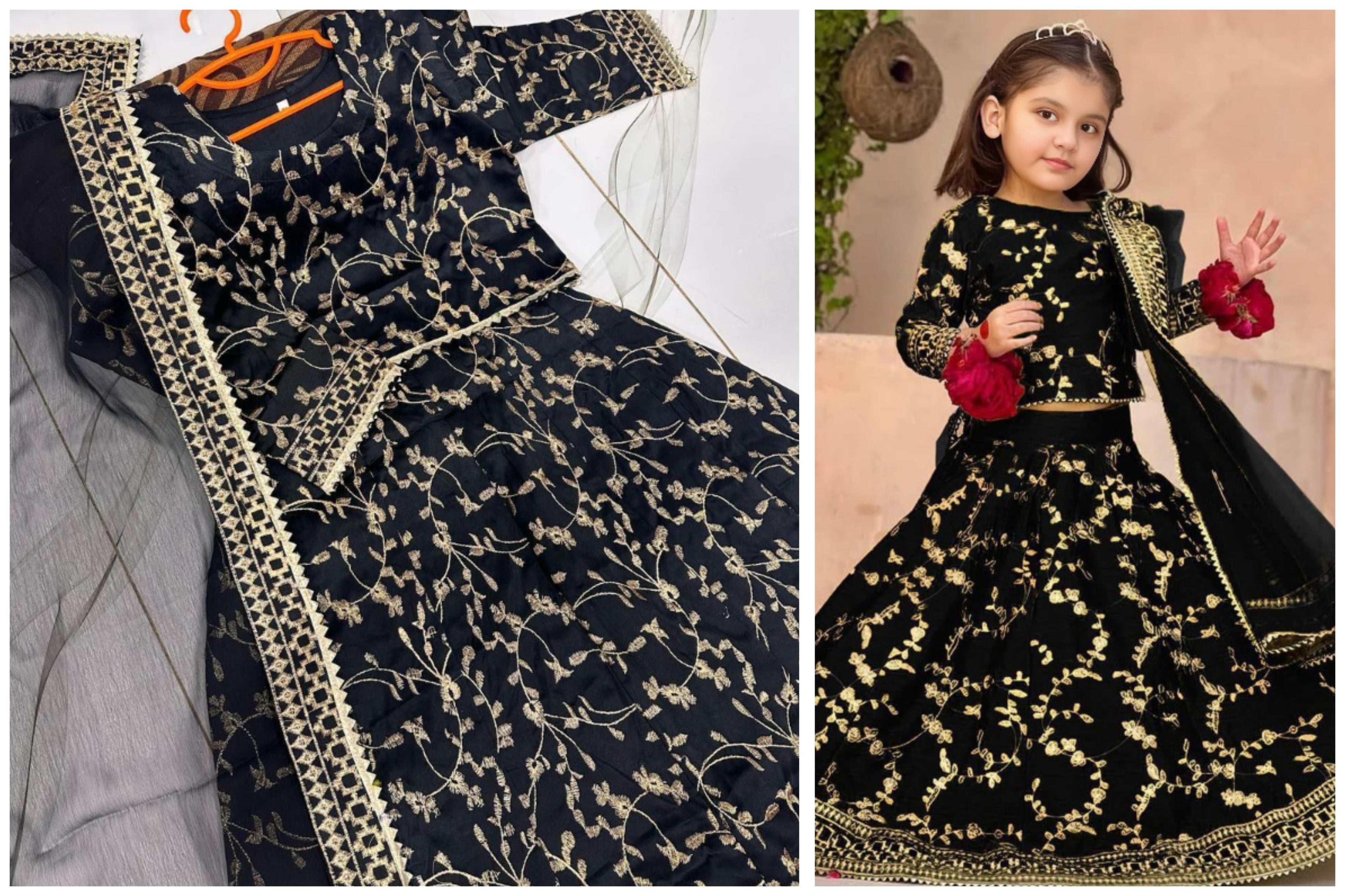Girl’s 3-Piece Raw Silk Embroidered Shirt & Skirt Set