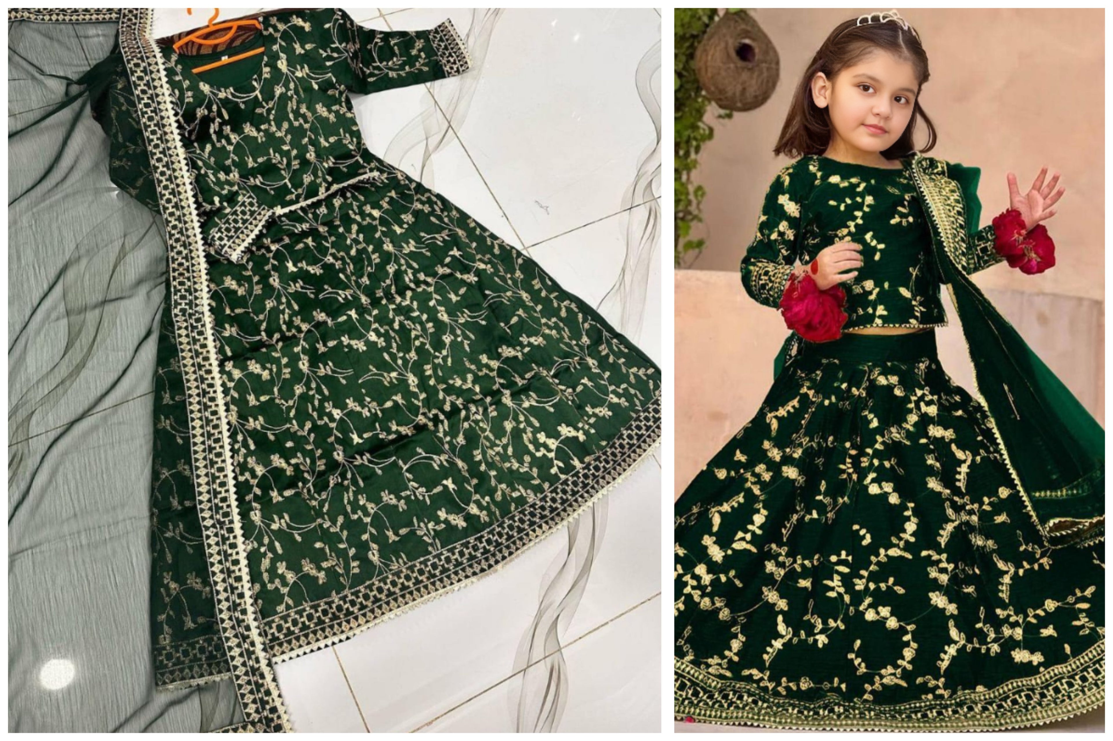 Girl’s 3-Piece Raw Silk Embroidered Shirt & Skirt Set