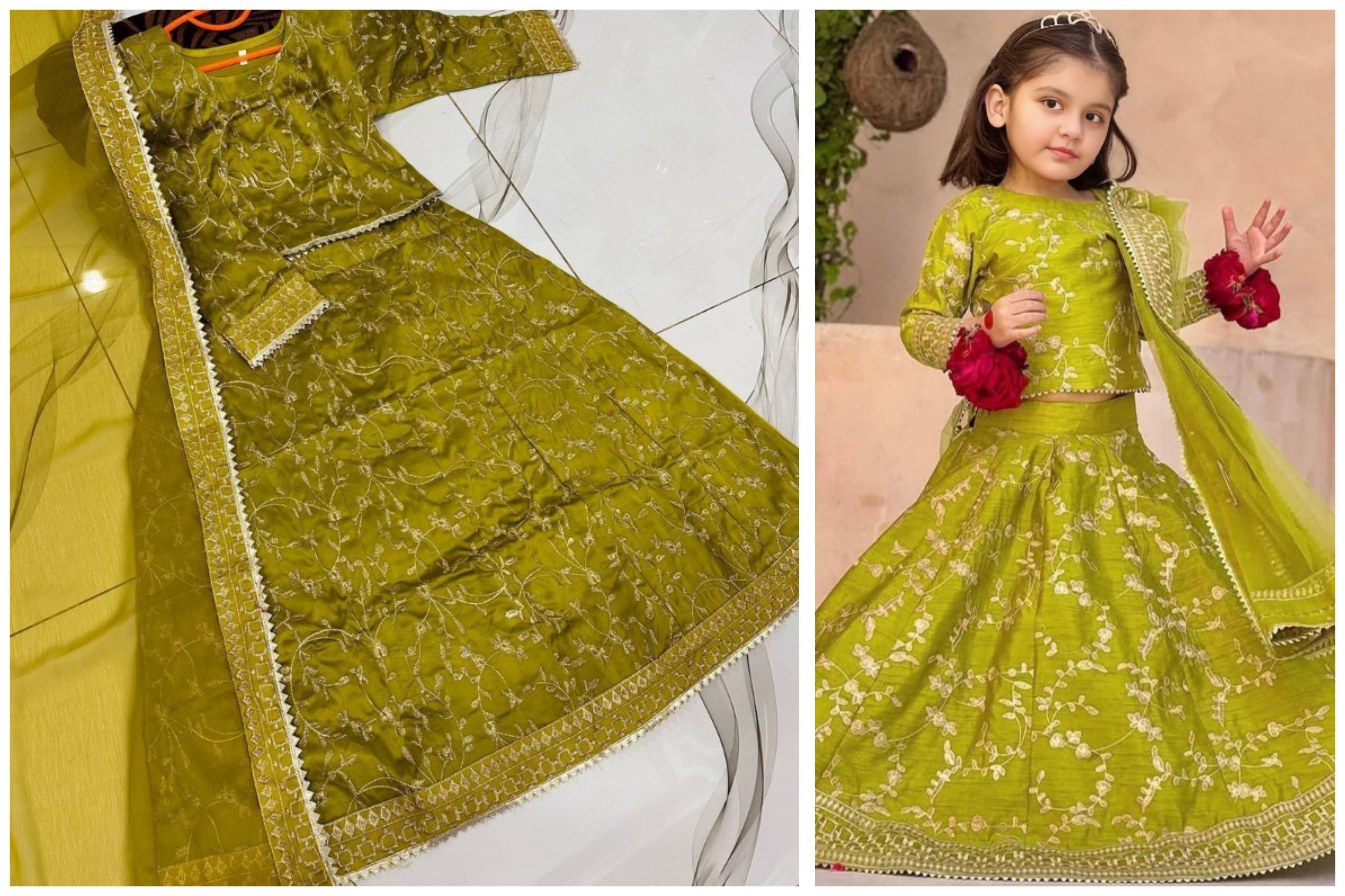 Girl’s 3-Piece Raw Silk Embroidered Shirt & Skirt Set